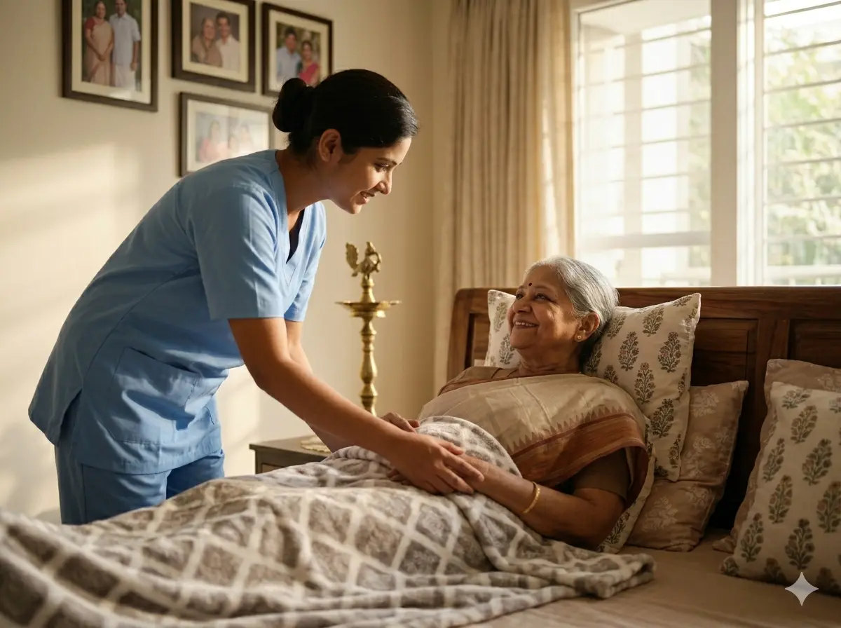 A caregiver gently reassuring an older woman resting in bed.