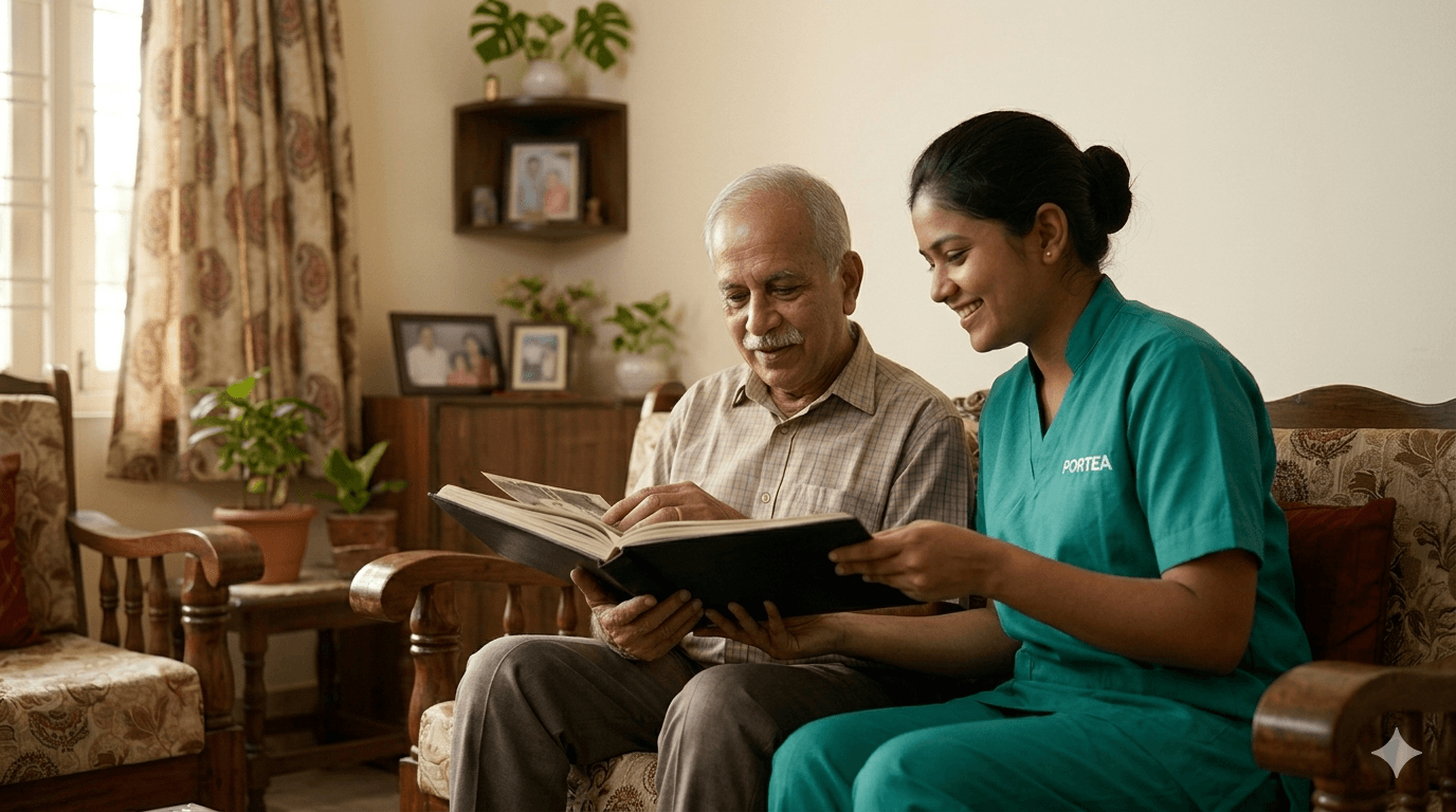 A caregiver and an older man sharing a calm reading moment at home.