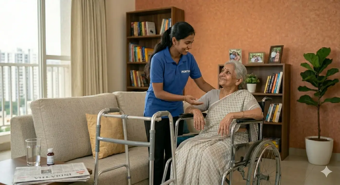 Portea caregiver supporting an older woman in a wheelchair at home.