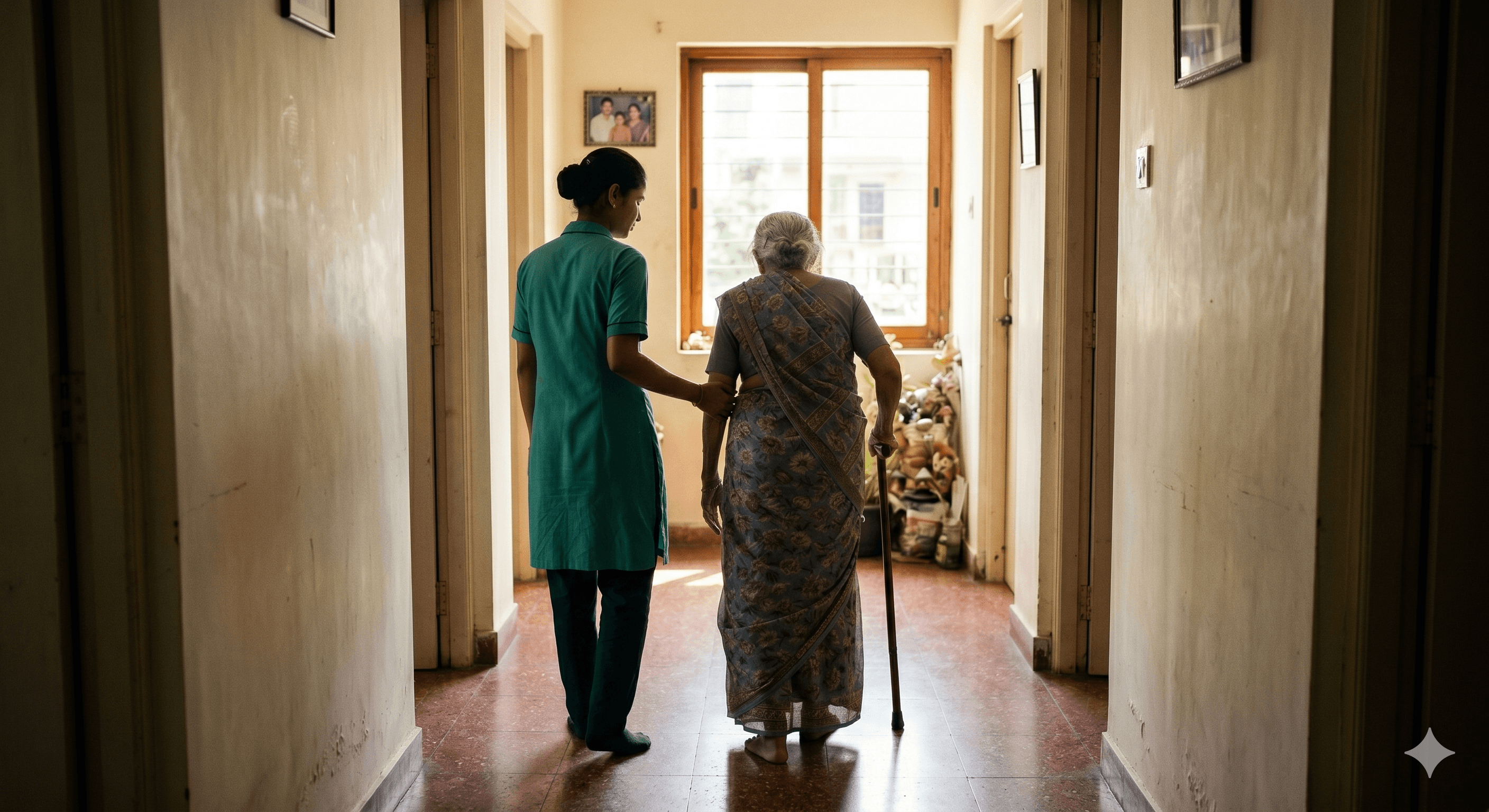 Portea caregiver helping an elderly woman walk safely through her home.