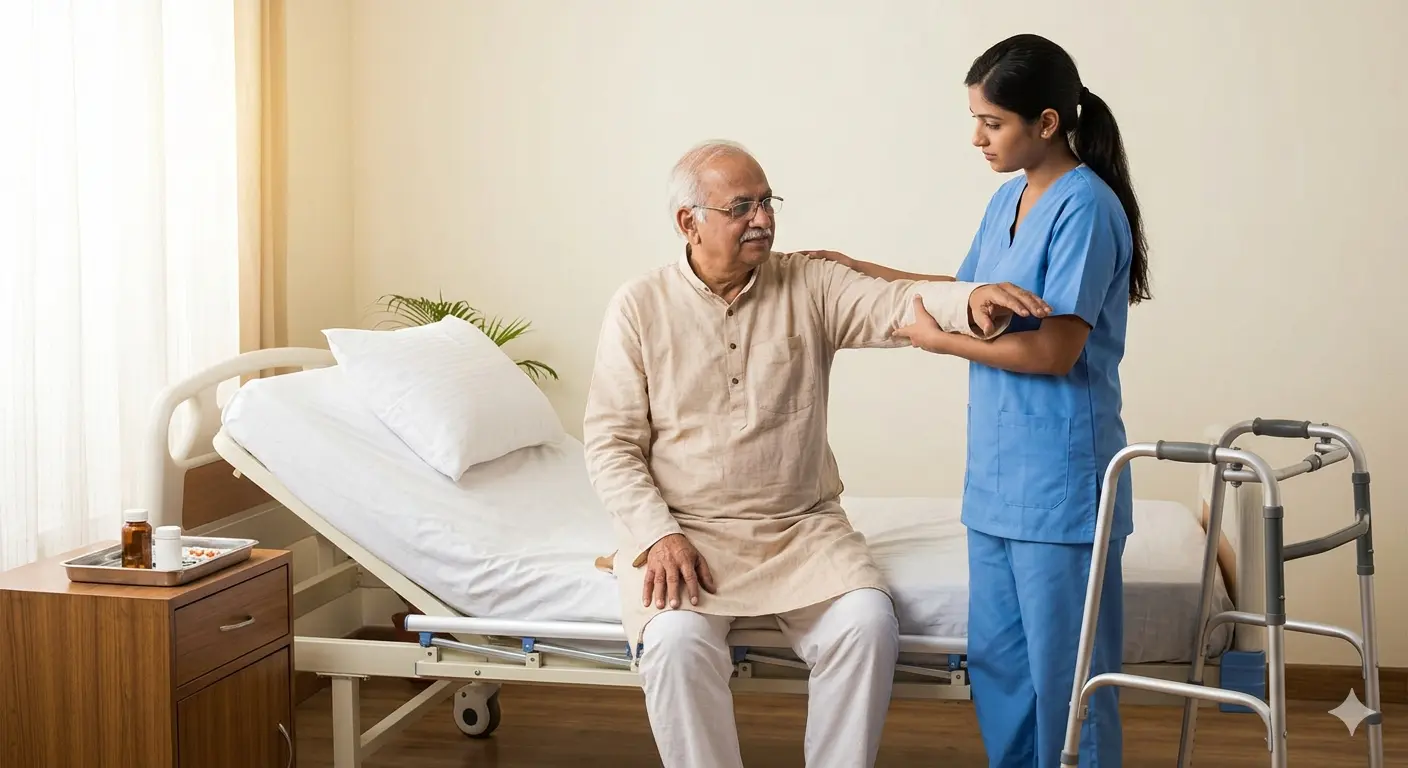 A caregiver helping an older man with recovery exercises beside a bed and walker.