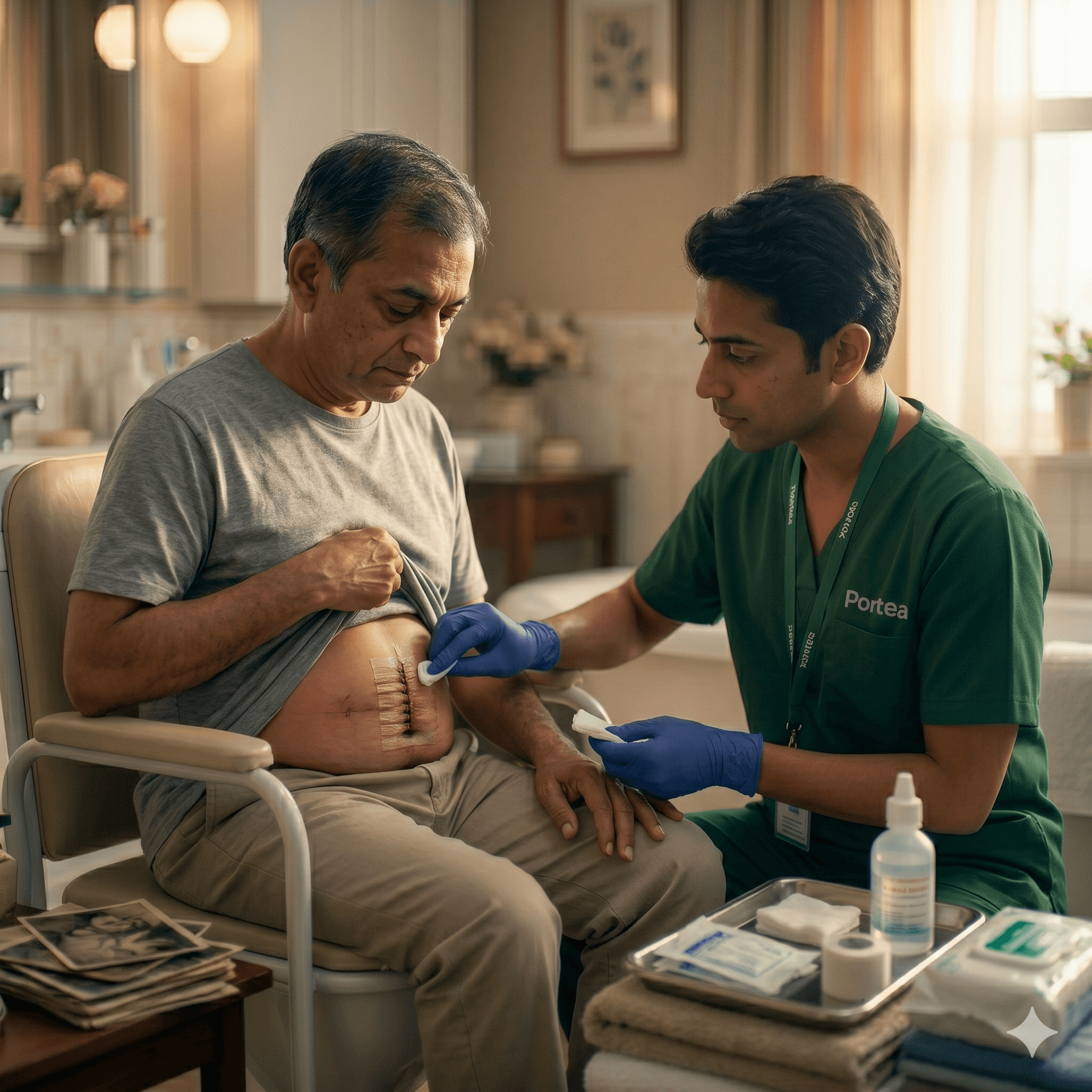 A healthcare professional supporting wound care after surgery at home.